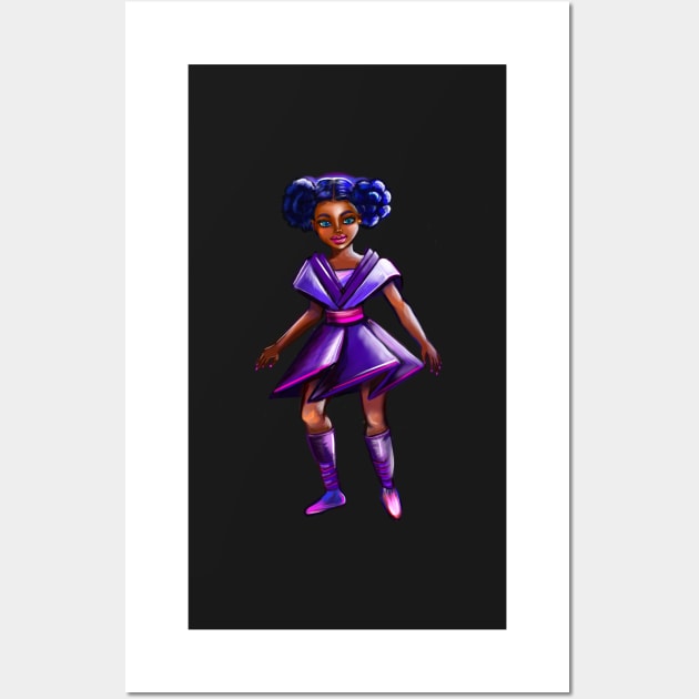 Anime girl with two puffs. Back lit. Black afro anime girl in purple from outer space ! beautiful  black girl with Braided hair, blue eyes, Cherry pink lips and dark brown skin. Hair love ! Wall Art by Artonmytee